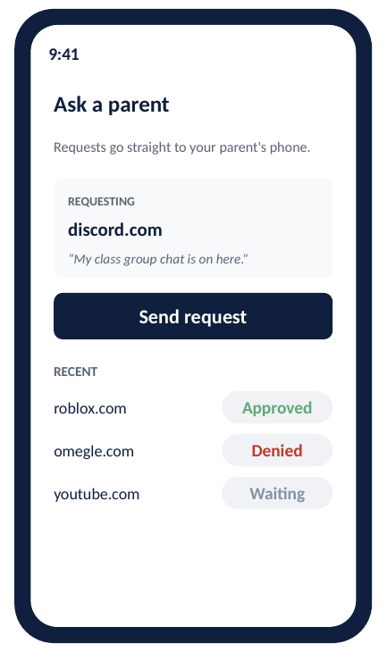 Child app screen for requesting access to discord.com, with recent requests approved, denied or waiting