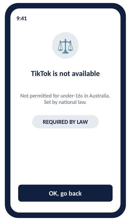 Child app screen reading TikTok is not available, not permitted for under-16s in Australia, set by national law