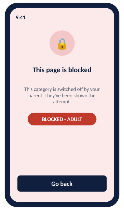 Child app screen reading this page is blocked, this category is switched off by your parent
