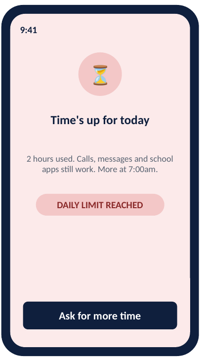 Child app screen reading time's up for today, daily limit reached, with an option to ask for more time