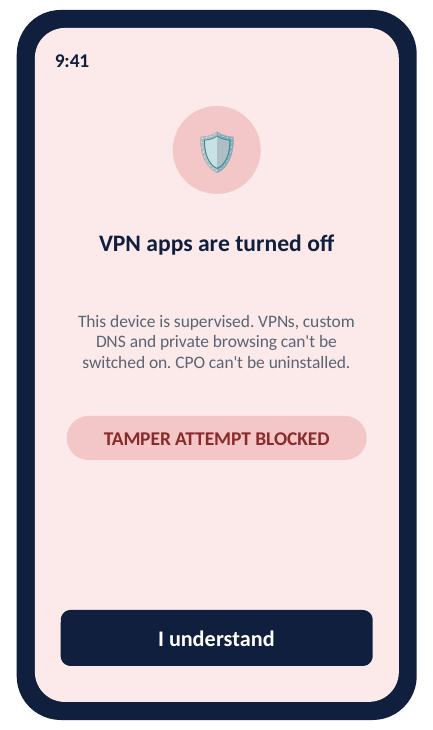 Child app screen reading VPN apps are turned off, tamper attempt blocked and logged